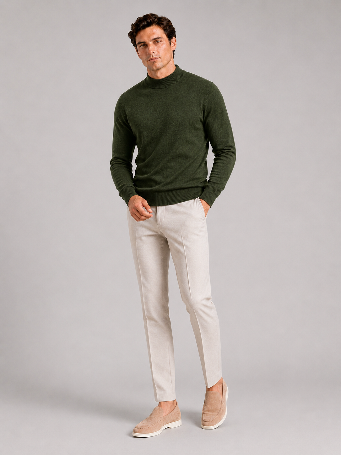 Men's slim fit mock neck sweater – Green full view – Edward & Lawsen
