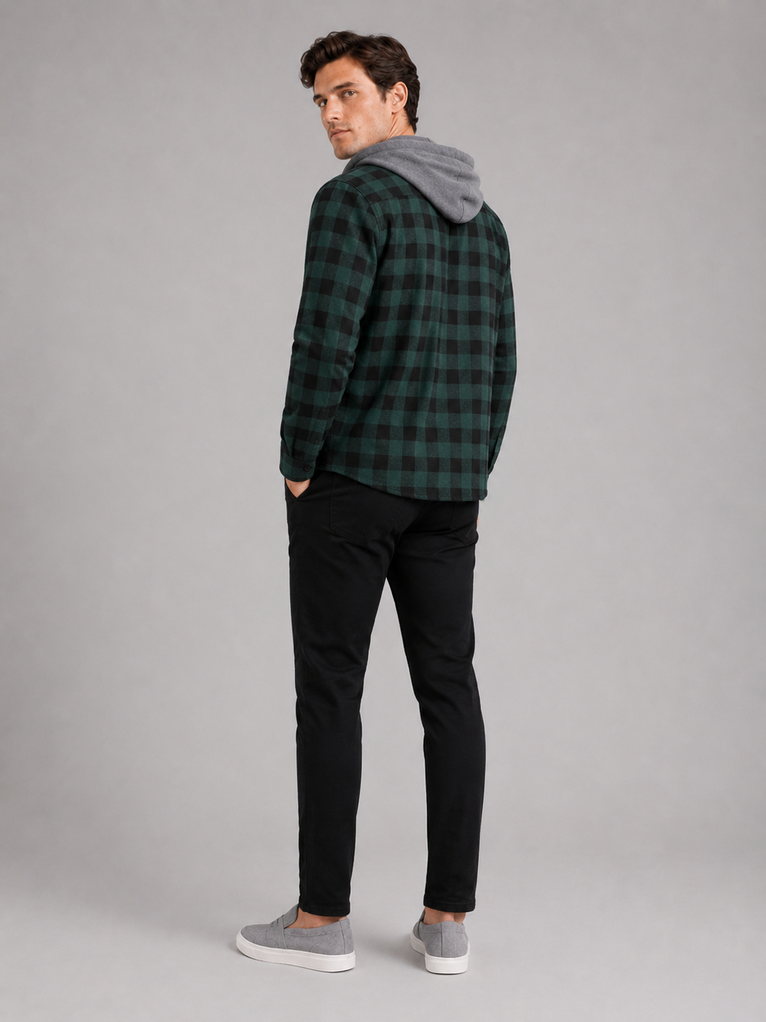 Men's plaid flannel jacket – Green back view – Edward & Lawsen