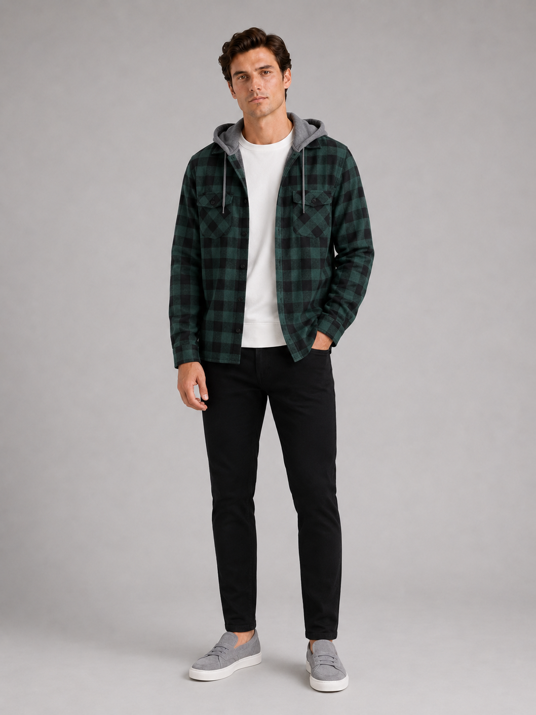 Men's plaid flannel jacket – Green full view – Edward & Lawsen
