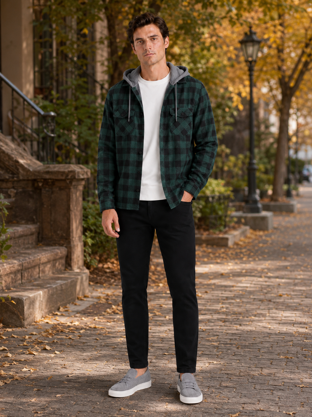 Men's plaid flannel jacket – Green lifestyle view – Edward & Lawsen