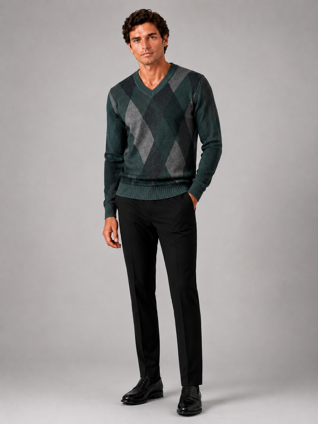 Men's plaid V-neck sweater – Green full view – Edward & Lawsen