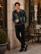 Men's plaid V-neck sweater – Green lifestyle view – Edward & Lawsen