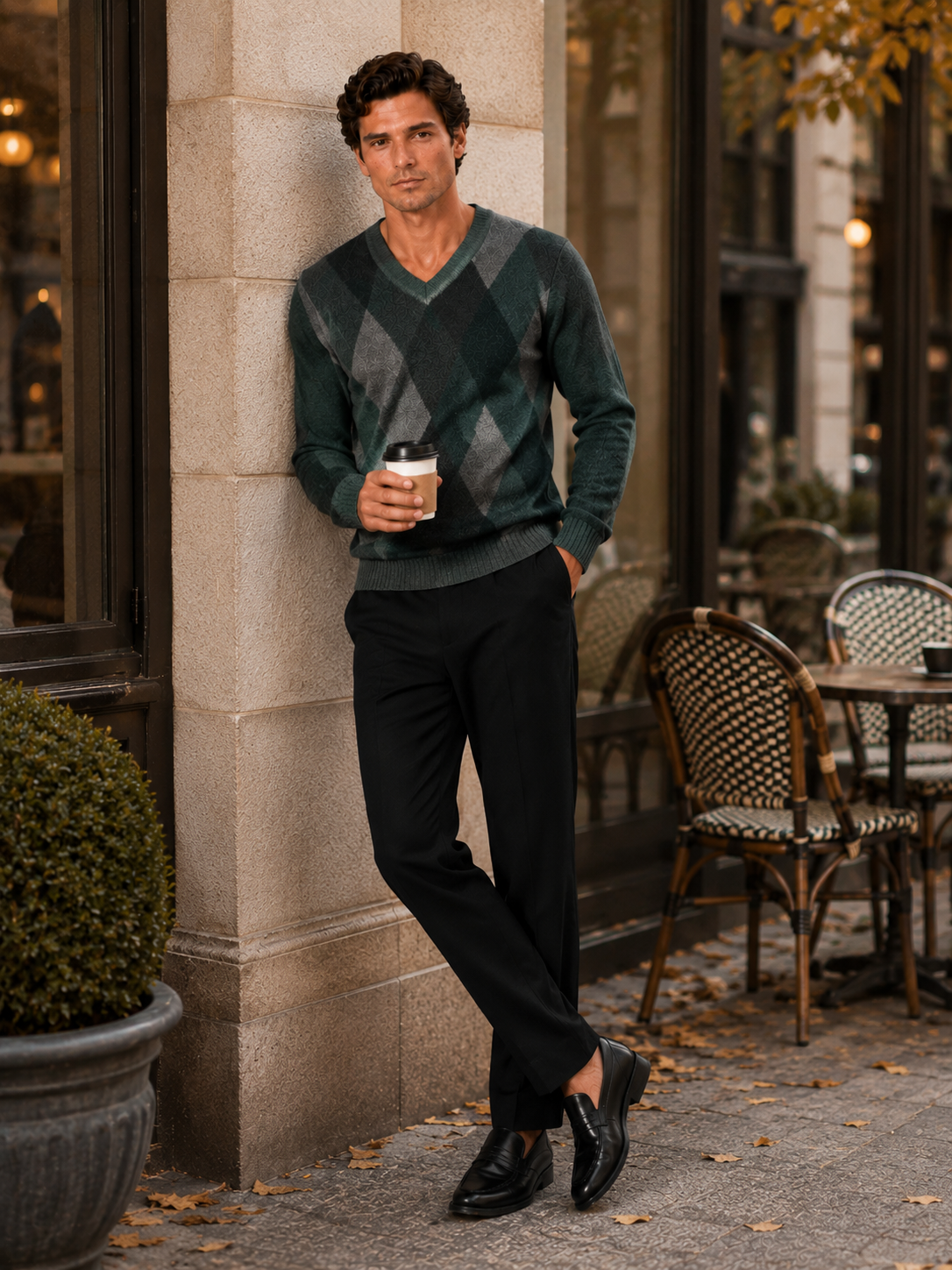 Men's plaid V-neck sweater – Green lifestyle view – Edward & Lawsen