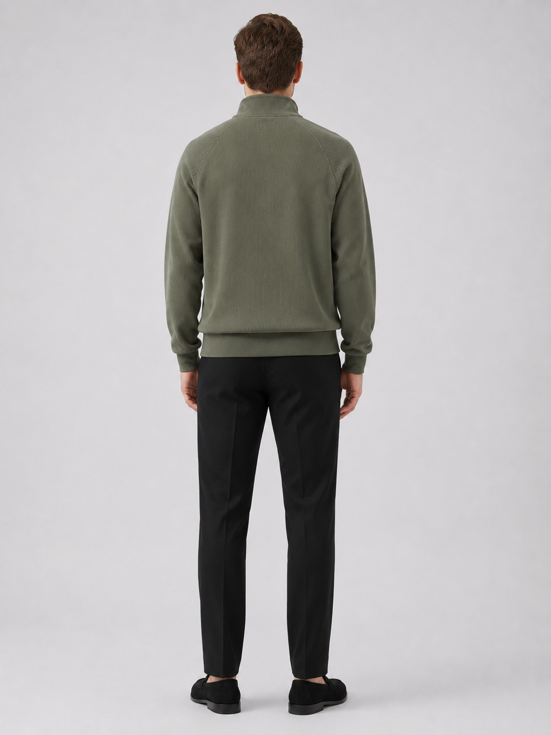 Men's loose fit stand collar quarter-zip sweater – Green back view – Edward & Lawsen