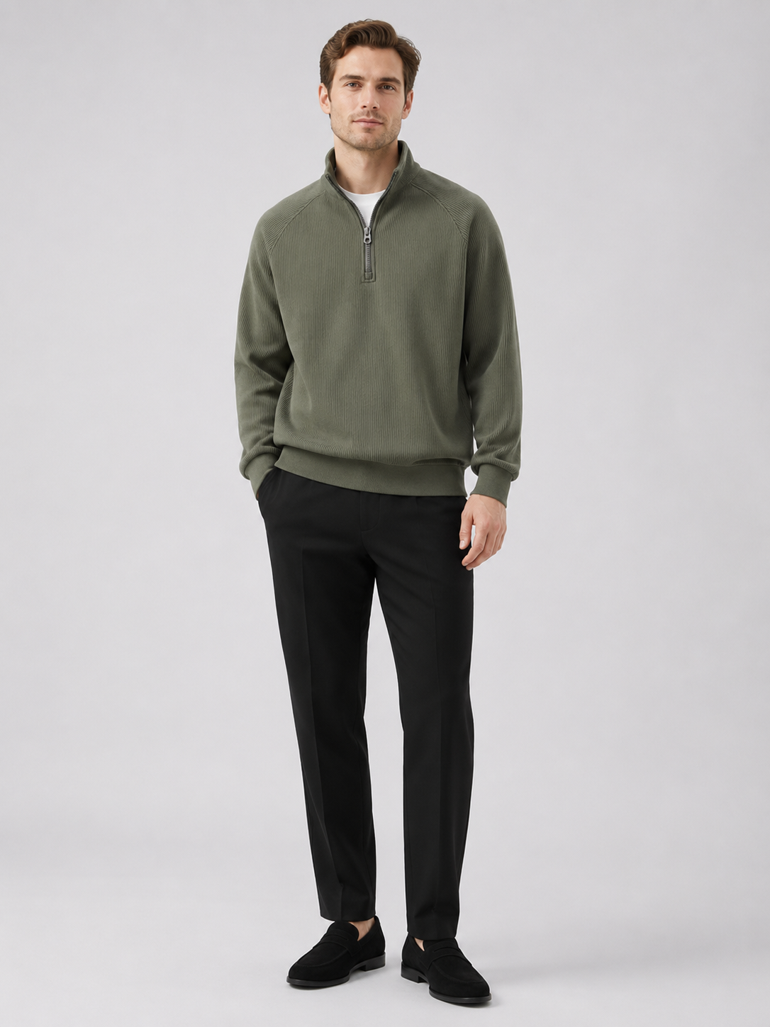 Men's loose fit stand collar quarter-zip sweater – Green full view – Edward & Lawsen