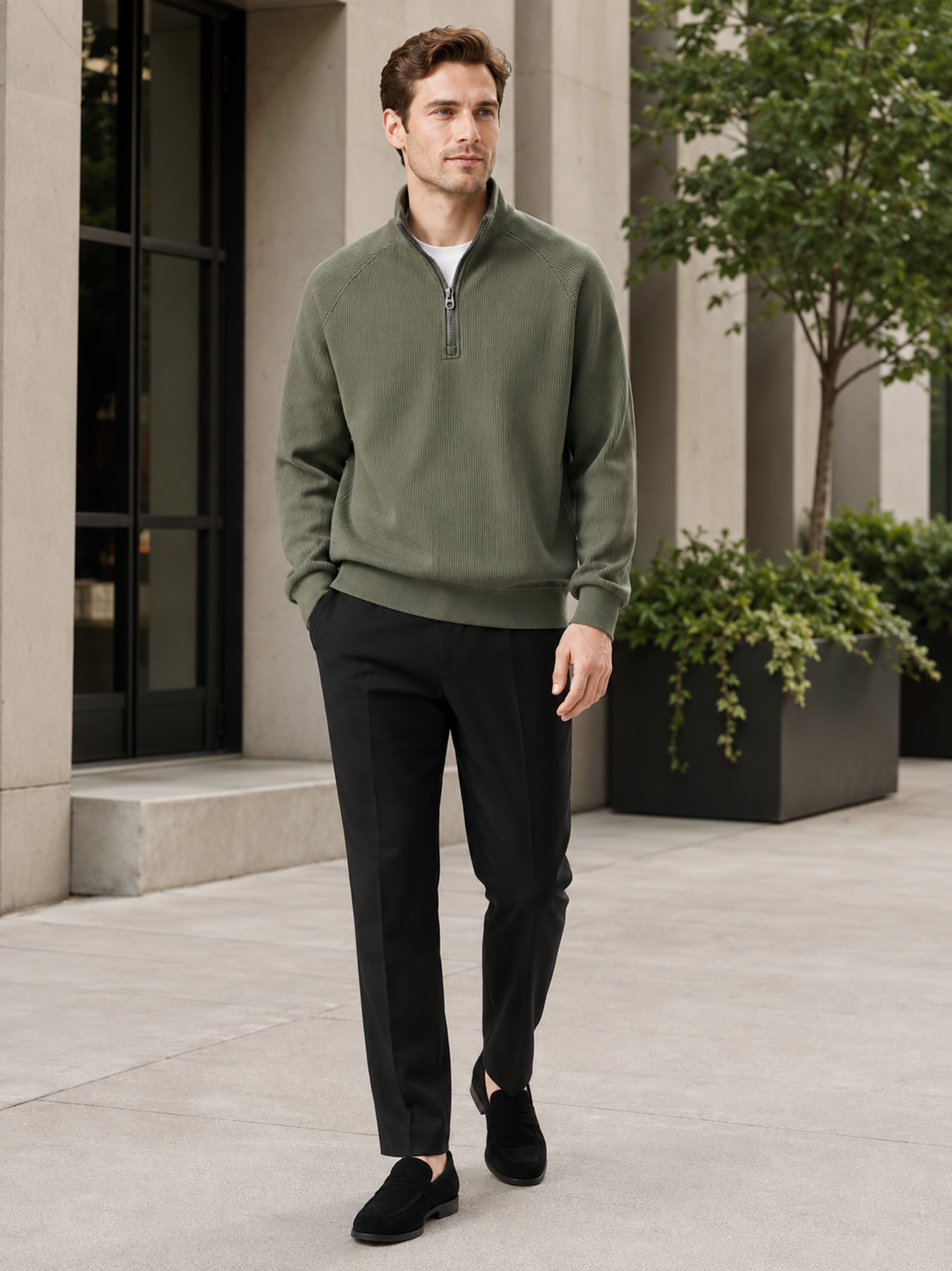 Men's loose fit stand collar quarter-zip sweater – Green lifestyle view – Edward & Lawsen