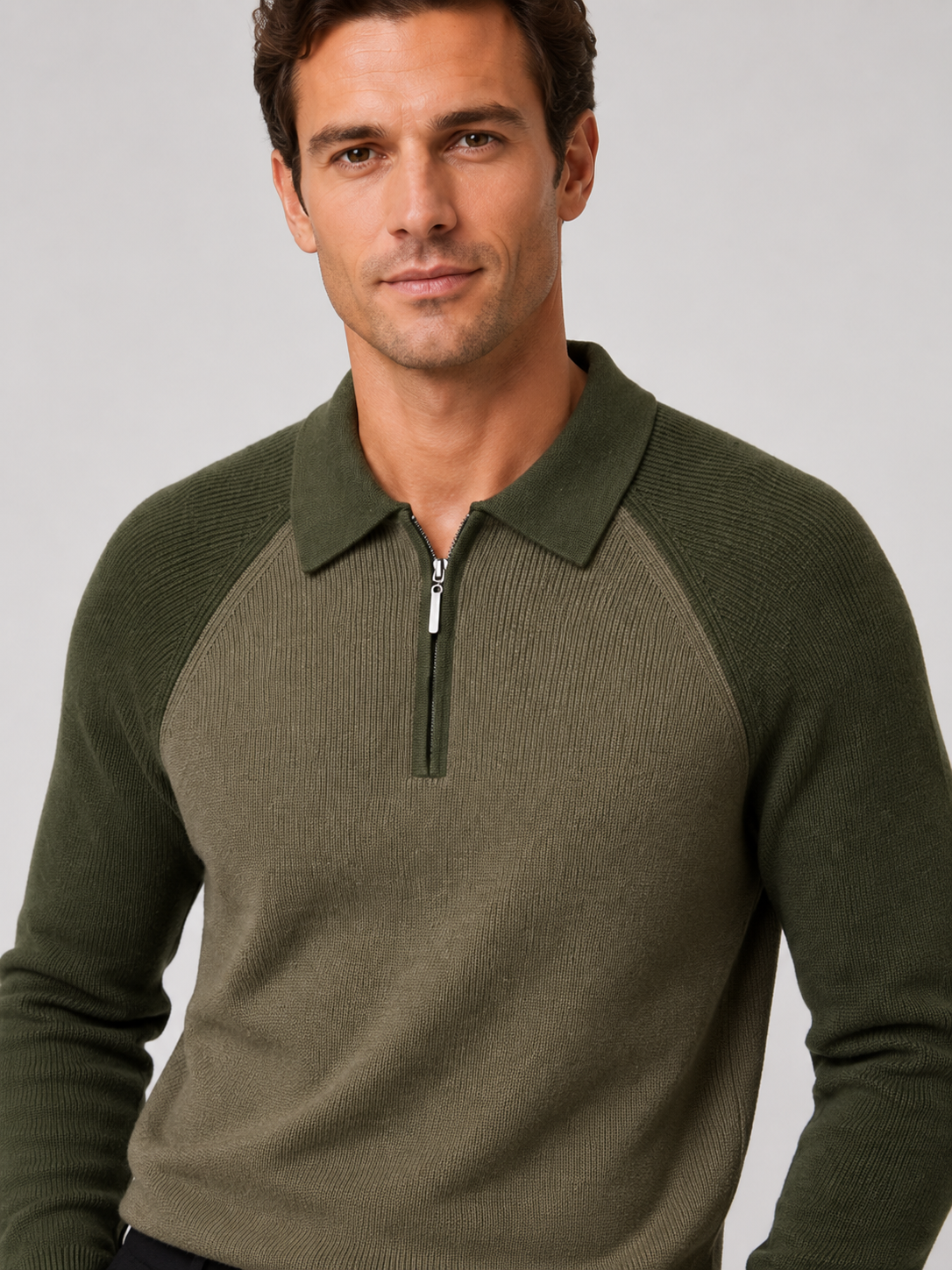 Men's quarter zip polo sweater – Green detail view – Edward & Lawsen