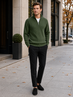 Men's ribbed stand collar quarter-zip sweater – Green lifestyle view – Edward & Lawsen