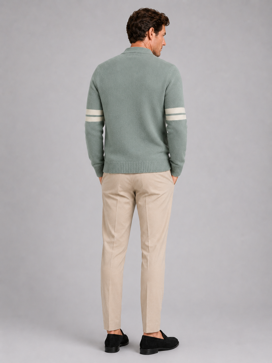 Men's striped color block cardigan – Green back view – Edward & Lawsen