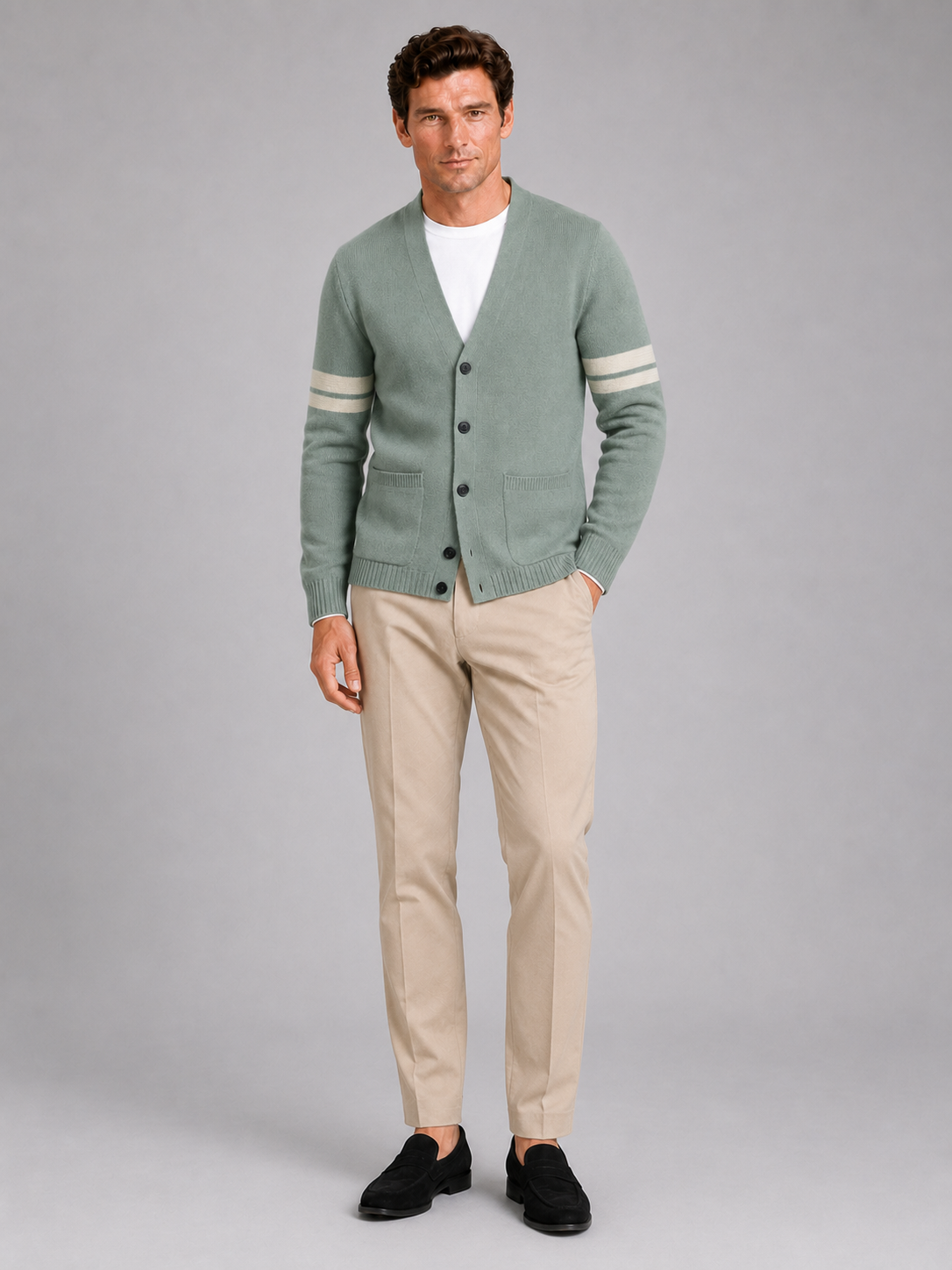 Men's striped color block cardigan – Green full view – Edward & Lawsen
