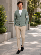 Men's striped color block cardigan – Green lifestyle view – Edward & Lawsen
