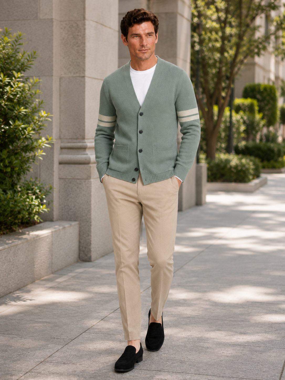 Men's striped color block cardigan – Green lifestyle view – Edward & Lawsen