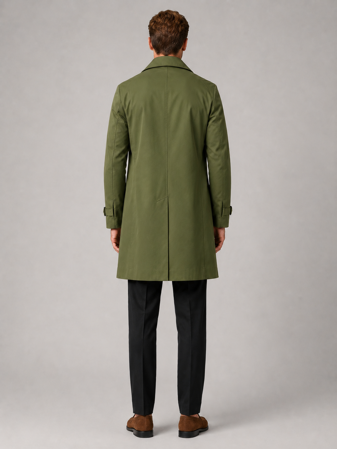 Men's windproof knee-length trench coat – Green back view – Edward & Lawsen