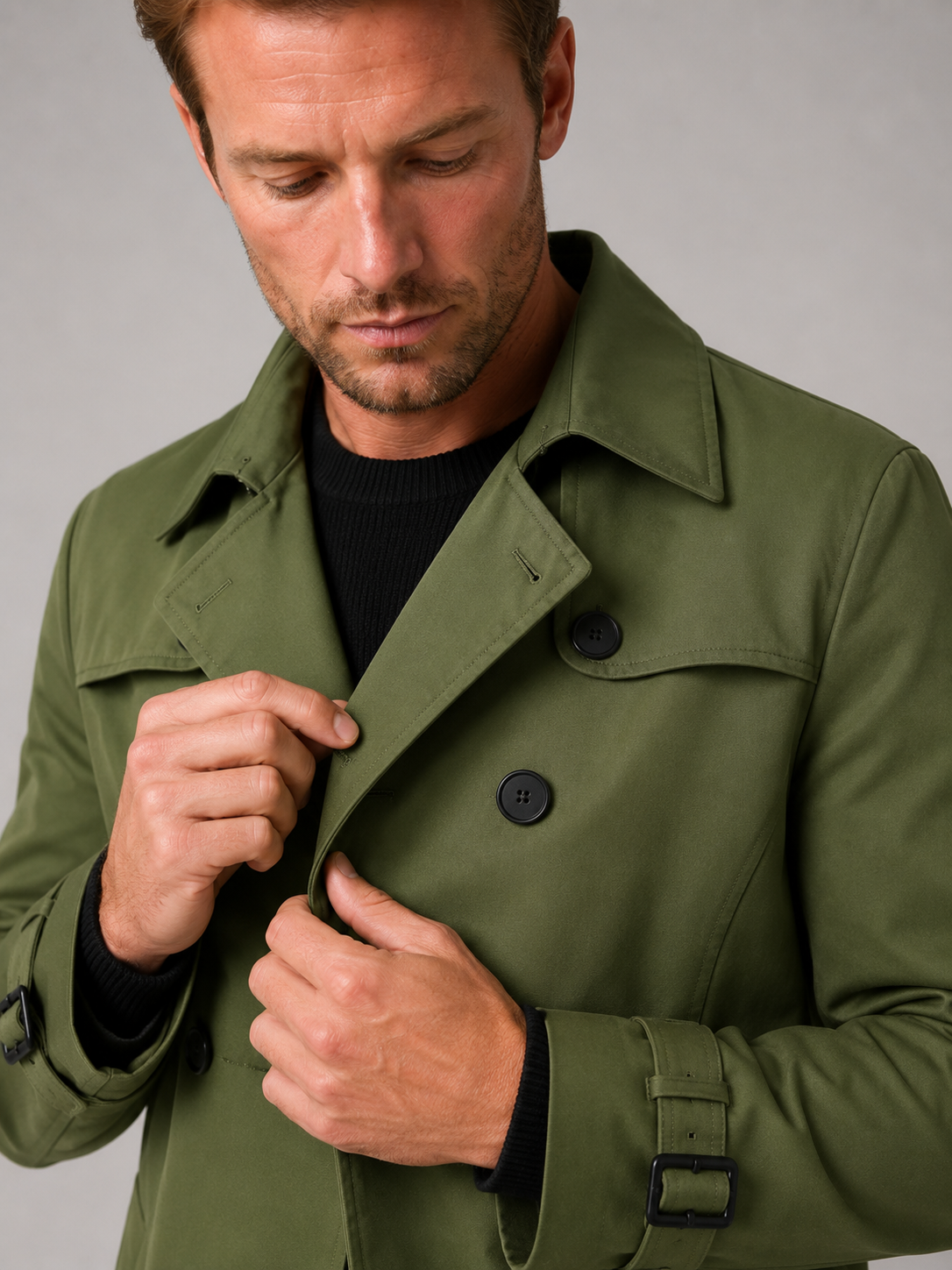 Men's windproof knee-length trench coat – Green detail view – Edward & Lawsen