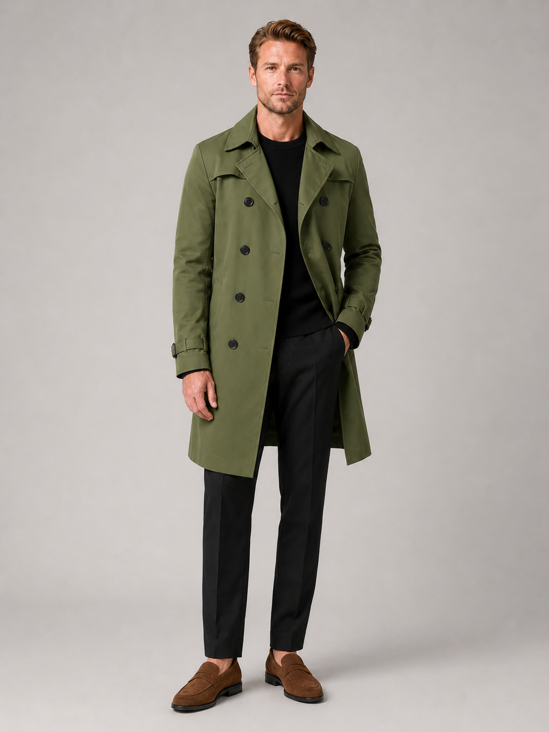 Men's windproof knee-length trench coat – Green full view – Edward & Lawsen