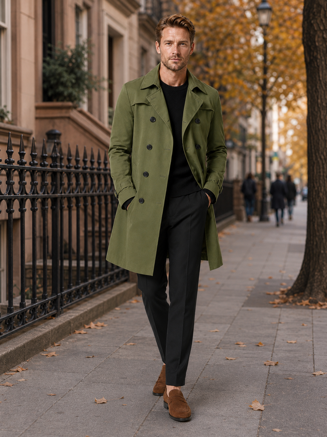 Men's windproof knee-length trench coat – Green lifestyle view – Edward & Lawsen