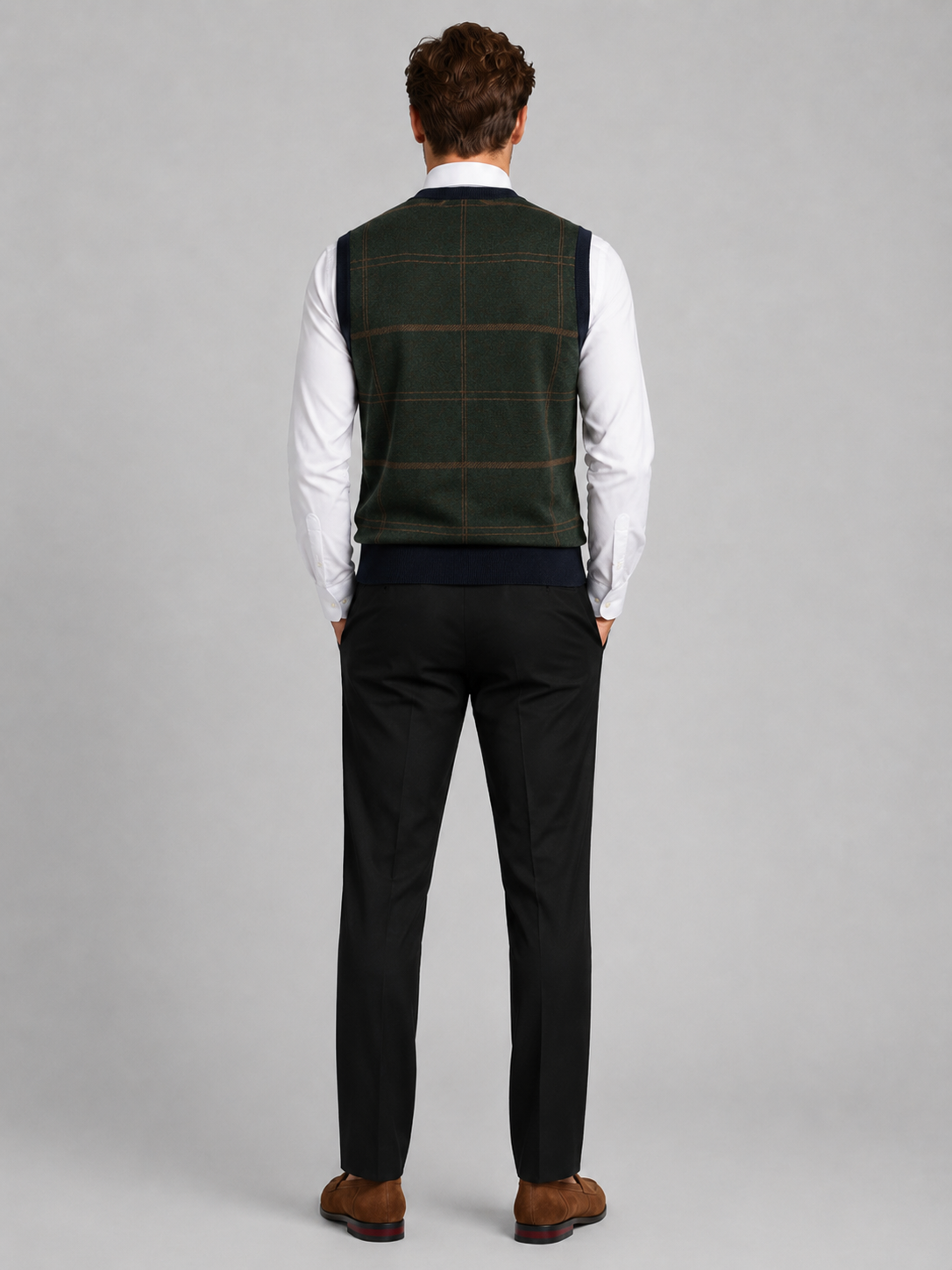 Men's diamond cable knit sweater vest – Green back view – Edward & Lawsen