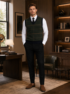 Men's diamond cable knit sweater vest – Green lifestyle view – Edward & Lawsen