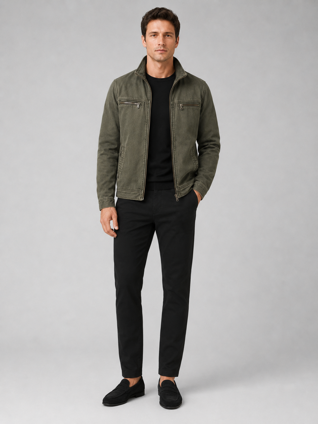 Men's washed cotton fall jacket – Green full view – Edward & Lawsen