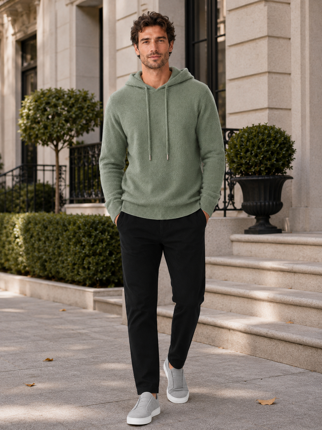 Men's wool hoodie sweater – Green lifestyle view – Edward & Lawsen