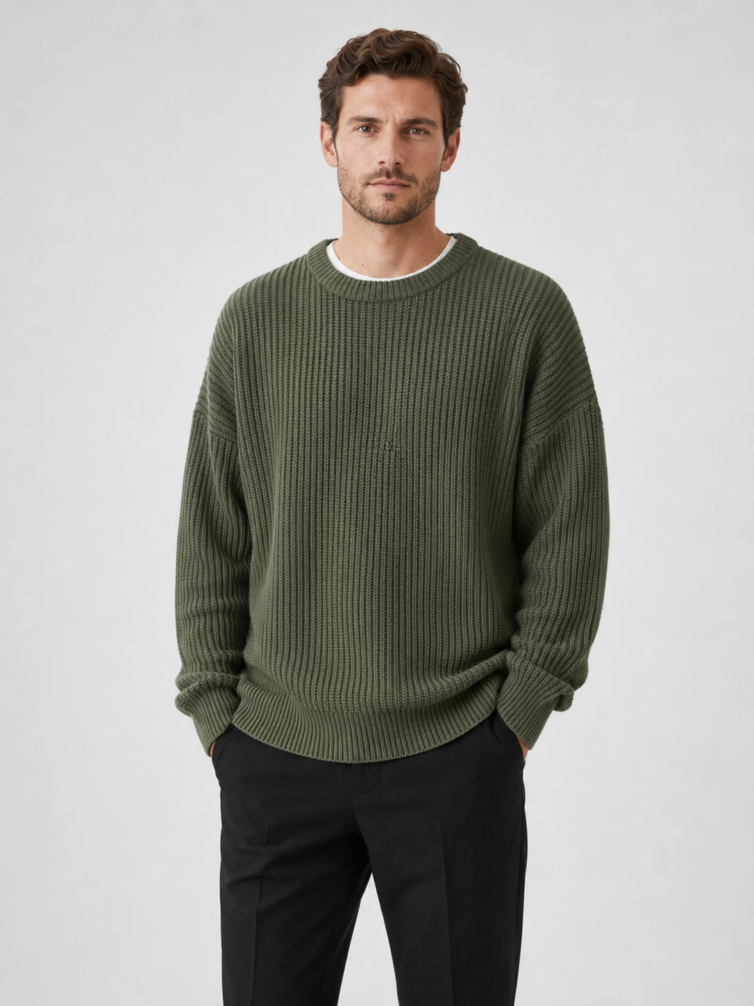 Men's crew neck sweater – Green front view – Edward & Lawsen