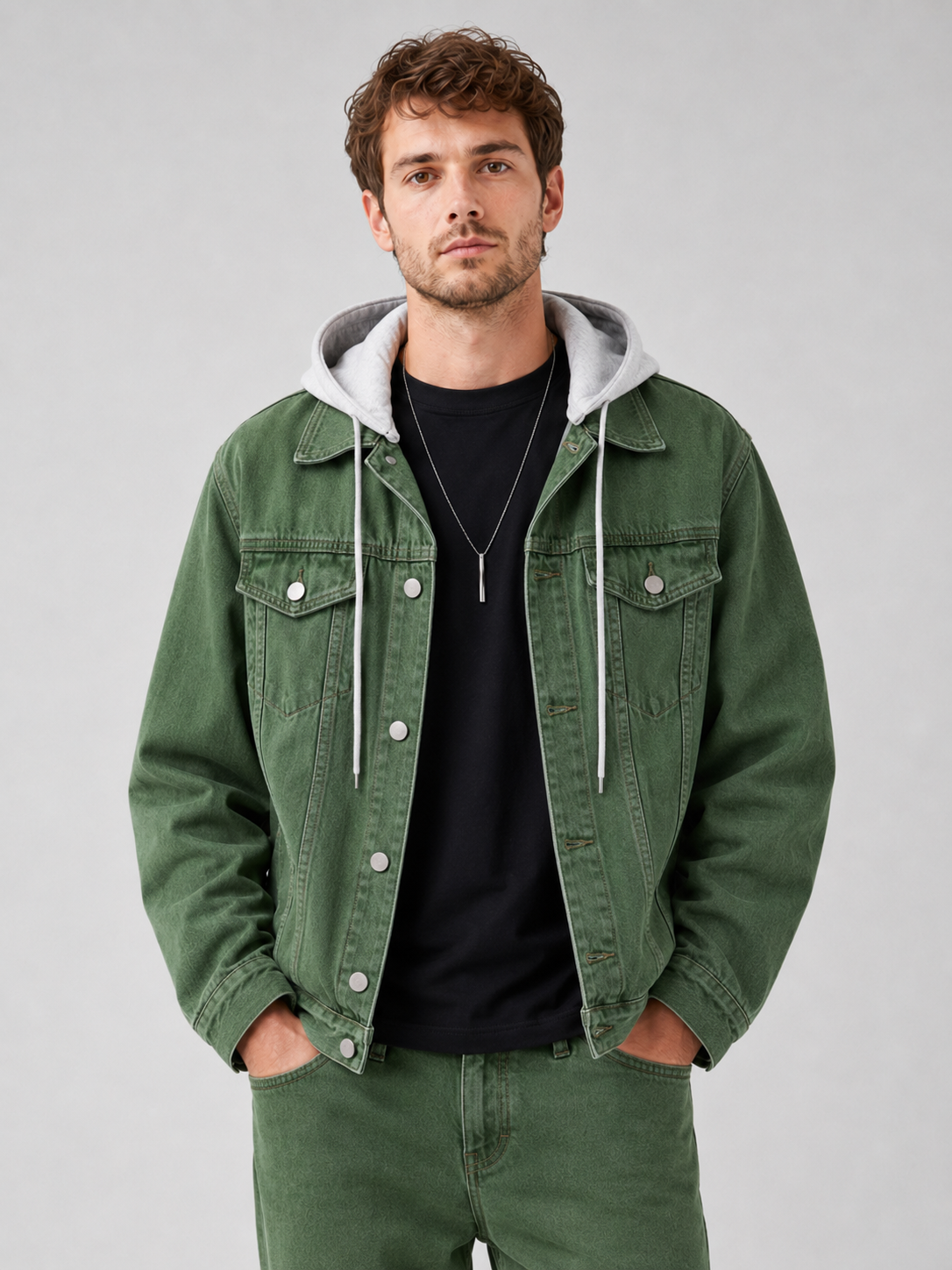 Men's hooded denim jacket – Green front view – Edward & Lawsen