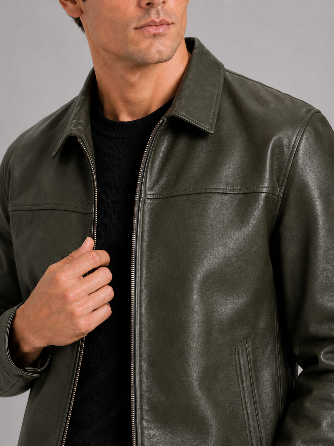 Men's leather flight jacket – Green detail view – Edward & Lawsen