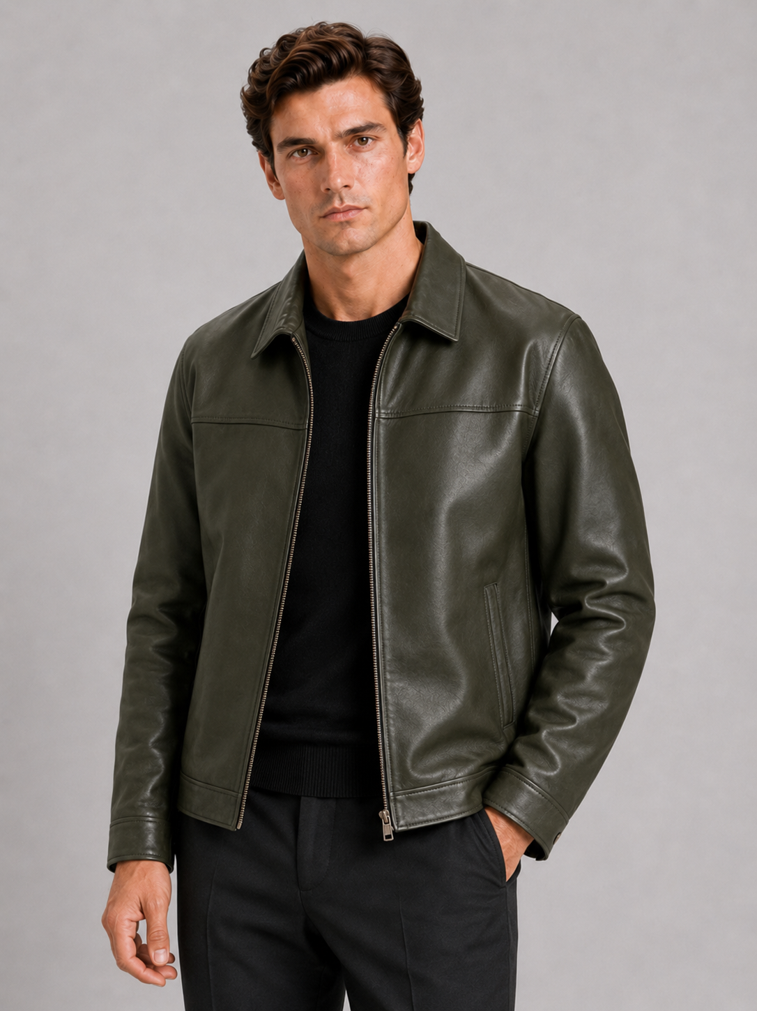 Men's leather flight jacket – Green front view – Edward & Lawsen