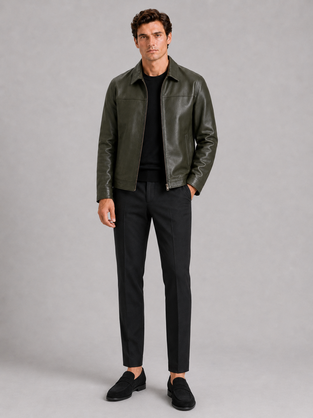 Men's leather flight jacket – Green full view – Edward & Lawsen