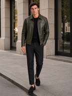 Men's leather flight jacket – Green lifestyle view – Edward & Lawsen
