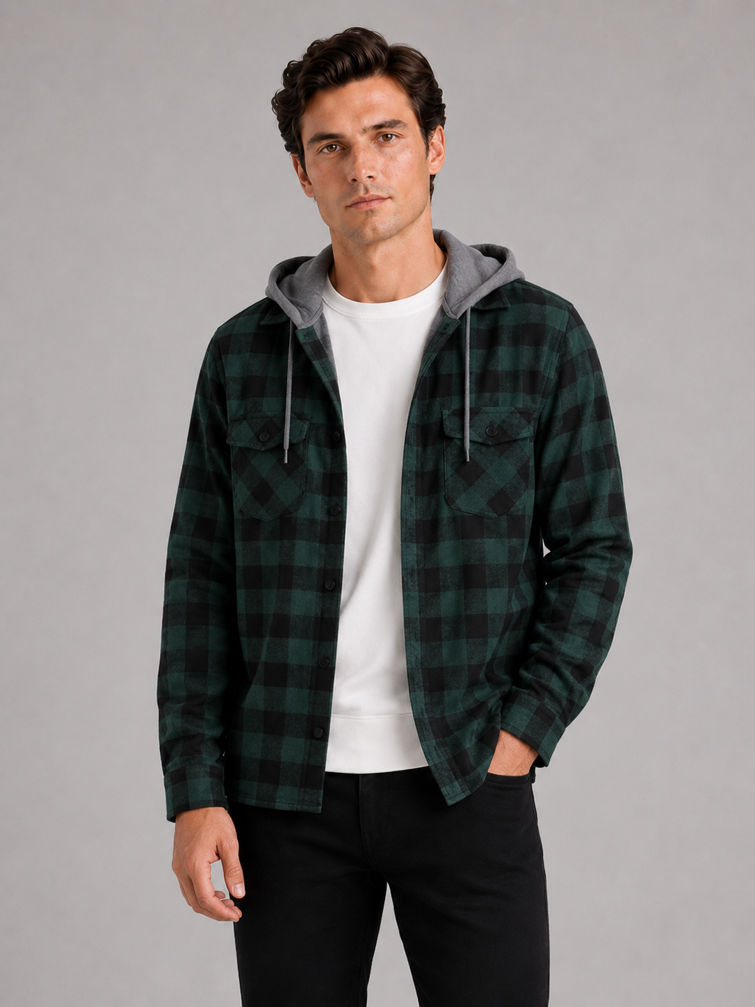 Men's plaid flannel jacket – Green front view – Edward & Lawsen