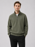 Men's loose fit stand collar quarter-zip sweater – Green front view – Edward & Lawsen