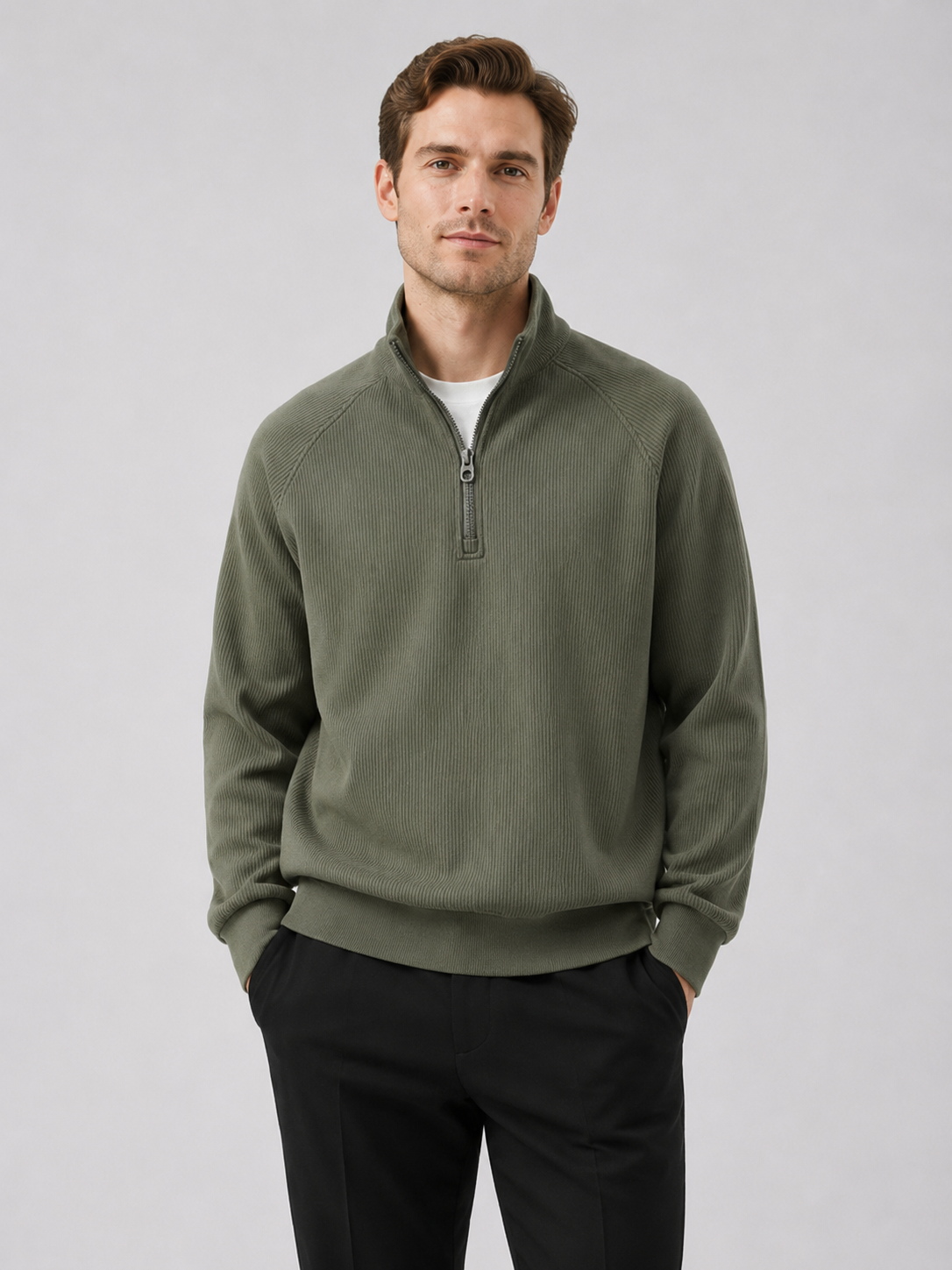 Men's loose fit stand collar quarter-zip sweater – Green front view – Edward & Lawsen