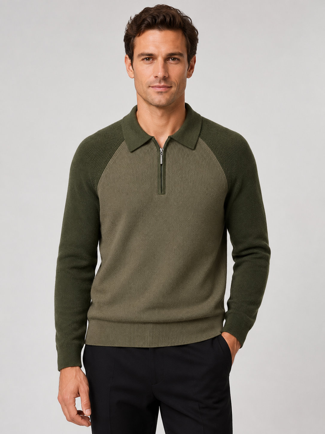 Men's quarter zip polo sweater – Green front view – Edward & Lawsen
