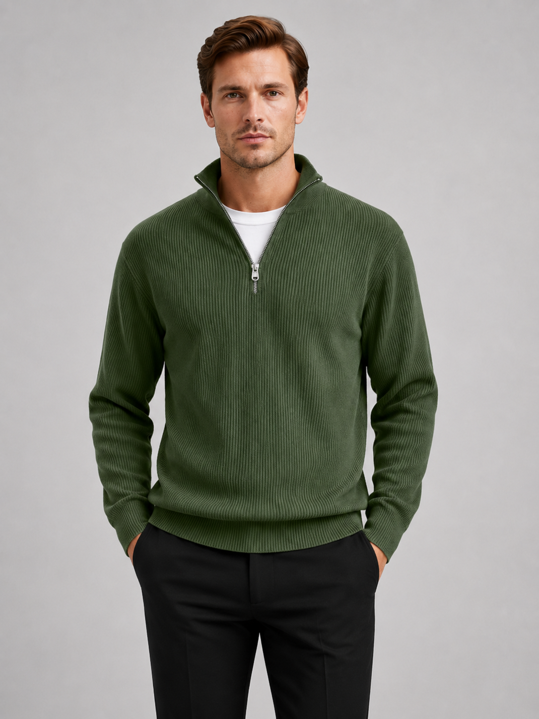 Men's ribbed stand collar quarter-zip sweater – Green front view – Edward & Lawsen