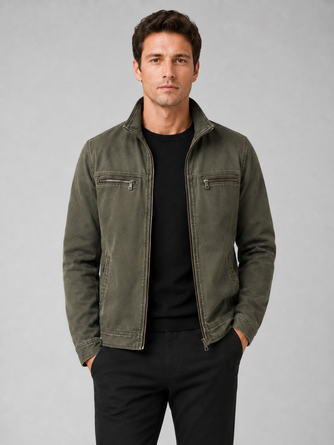 Men's washed cotton fall jacket – Green front view – Edward & Lawsen