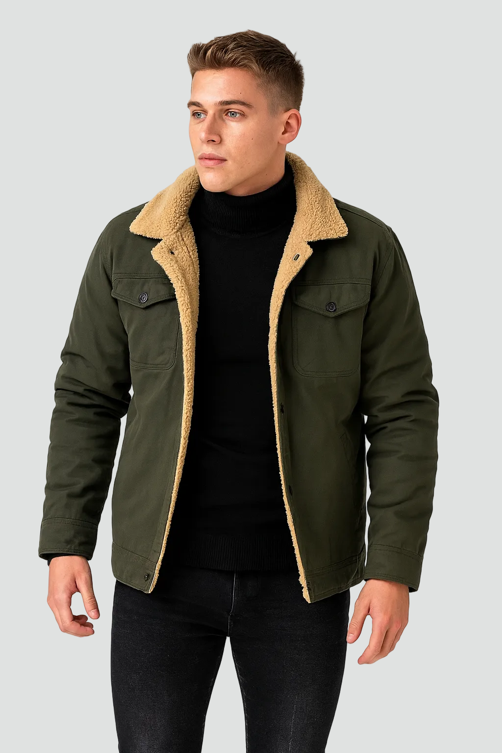 Men's Sherpa-lined shirt jacket – army green – Edward Lawson