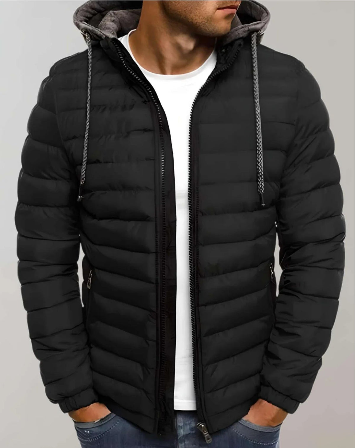 Men's lightweight hooded puffer jacket – black – Edward Lawson