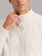 Men's jacquard cable knit mock neck sweater – Ivory detail view – Edward & Lawsen