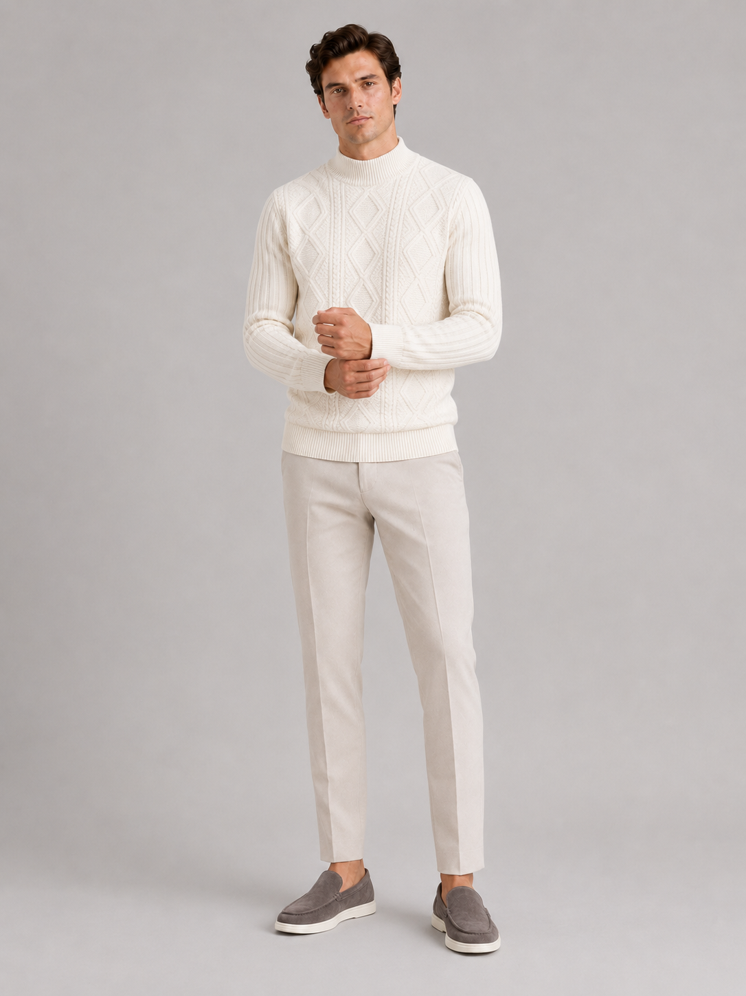 Men's jacquard cable knit mock neck sweater – Ivory full view – Edward & Lawsen