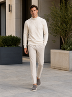 Men's jacquard cable knit mock neck sweater – Ivory lifestyle view – Edward & Lawsen