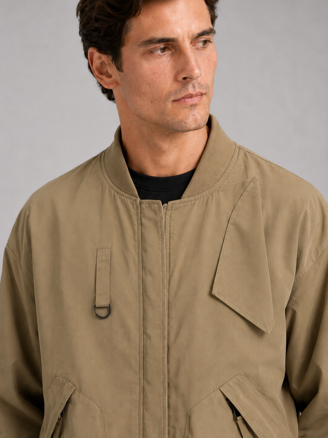 Men's loose fit bomber jacket – Khaki detail view – Edward & Lawsen