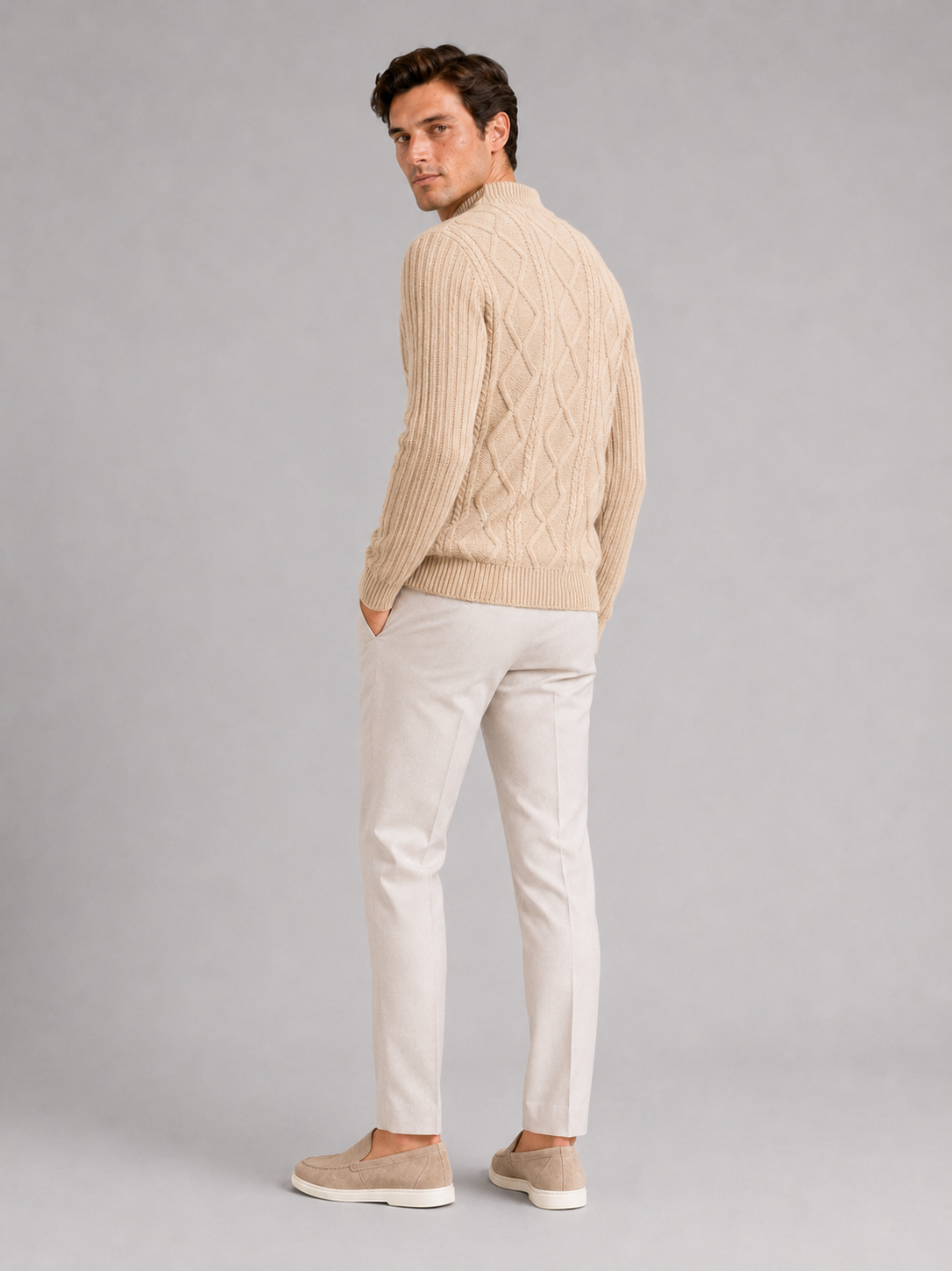 Men's jacquard cable knit mock neck sweater – Khaki back view – Edward & Lawsen
