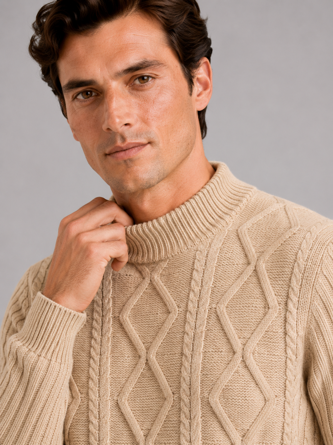 Men's jacquard cable knit mock neck sweater – Khaki detail view – Edward & Lawsen