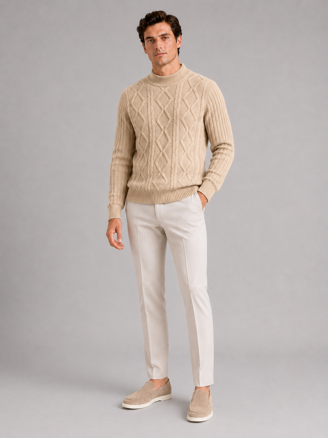 Men's jacquard cable knit mock neck sweater – Khaki full view – Edward & Lawsen