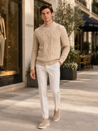 Men's jacquard cable knit mock neck sweater – Khaki lifestyle view – Edward & Lawsen