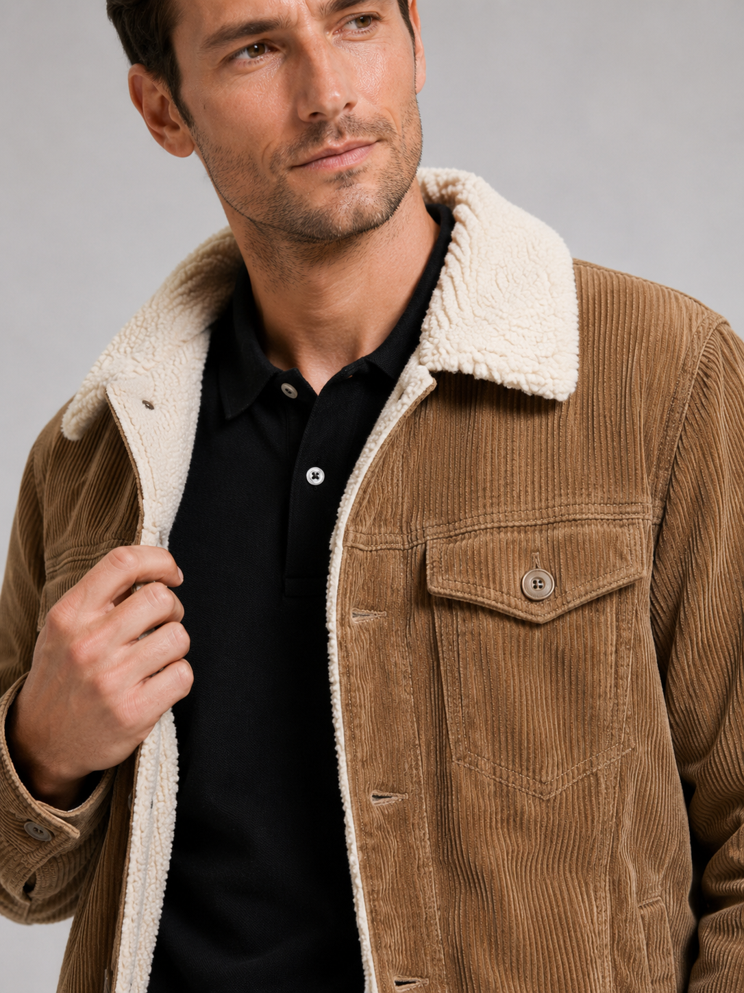 Men's padded corduroy jacket – Khaki detail view – Edward & Lawsen