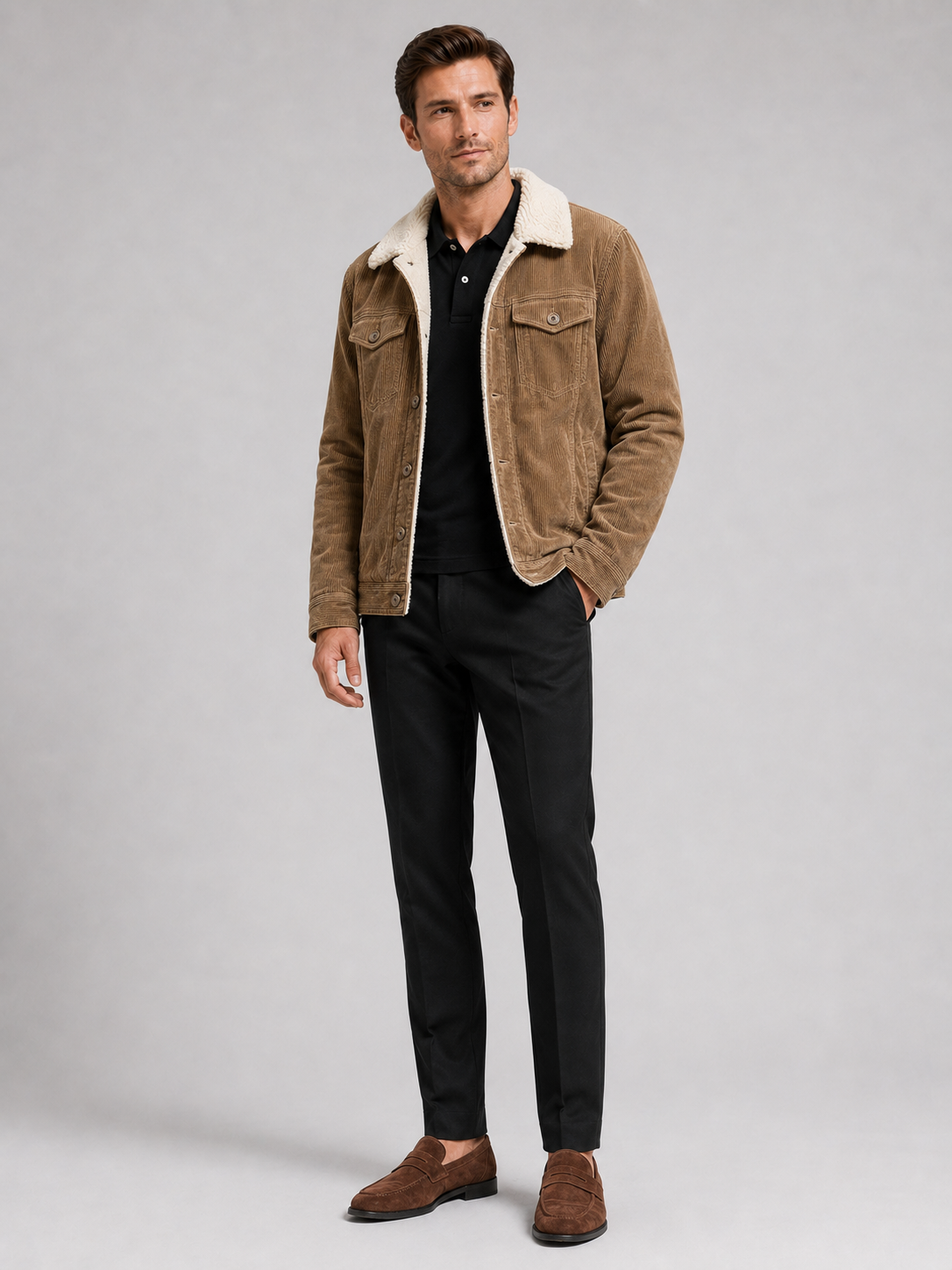 Men's padded corduroy jacket – Khaki full view – Edward & Lawsen
