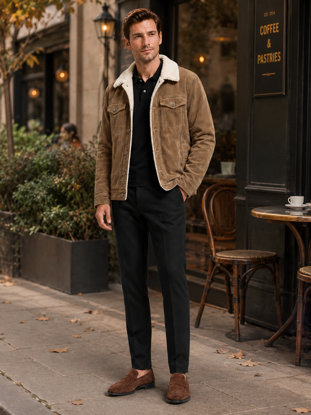 Men's padded corduroy jacket – Khaki lifestyle view – Edward & Lawsen