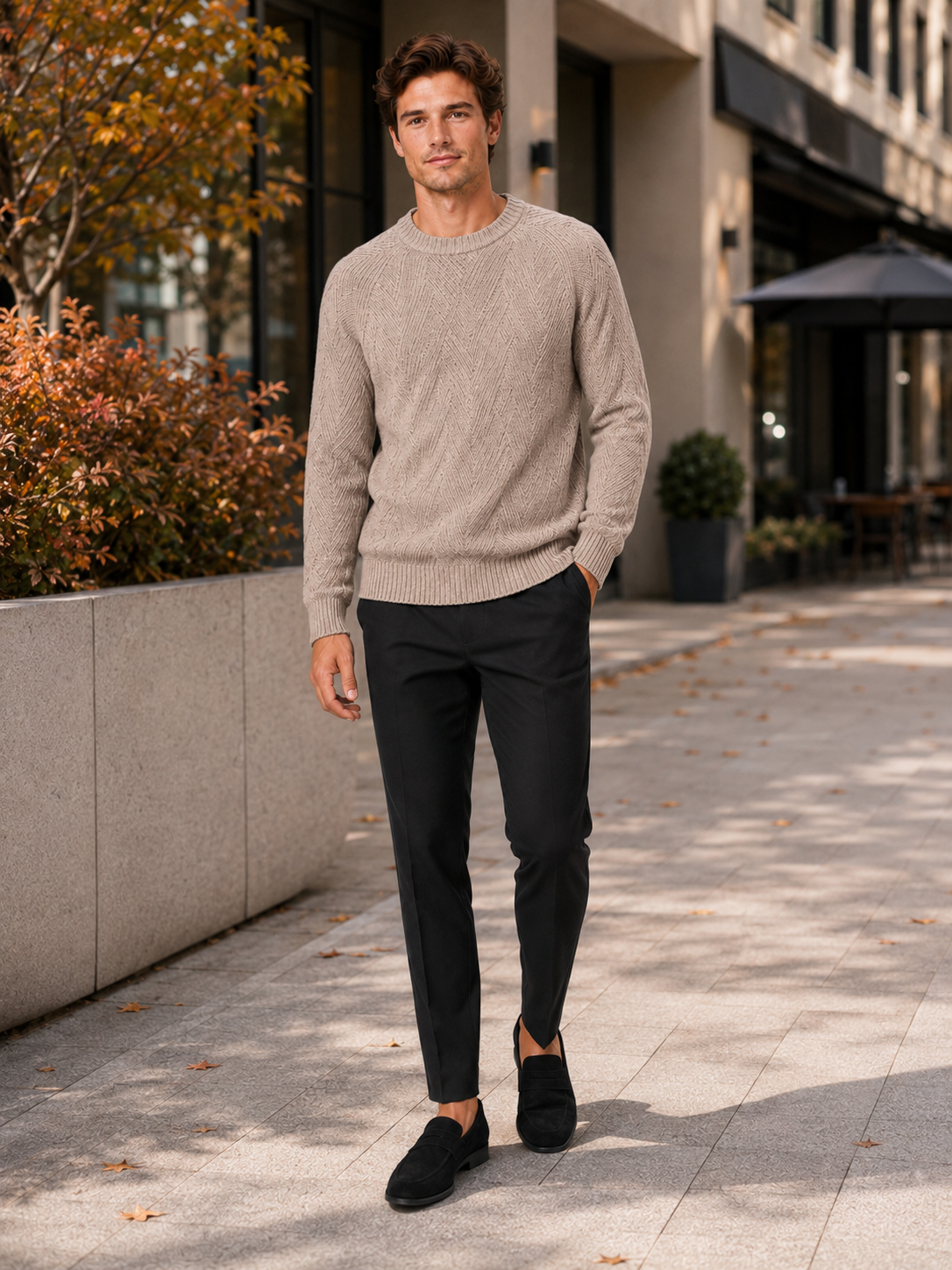 Men's crewneck sweater – Khaki lifestyle view – Edward & Lawsen